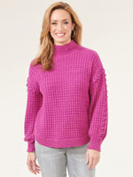 Red Violet Long Blouson Sleeve Mock Neck Whip Stitch Detail Sweater