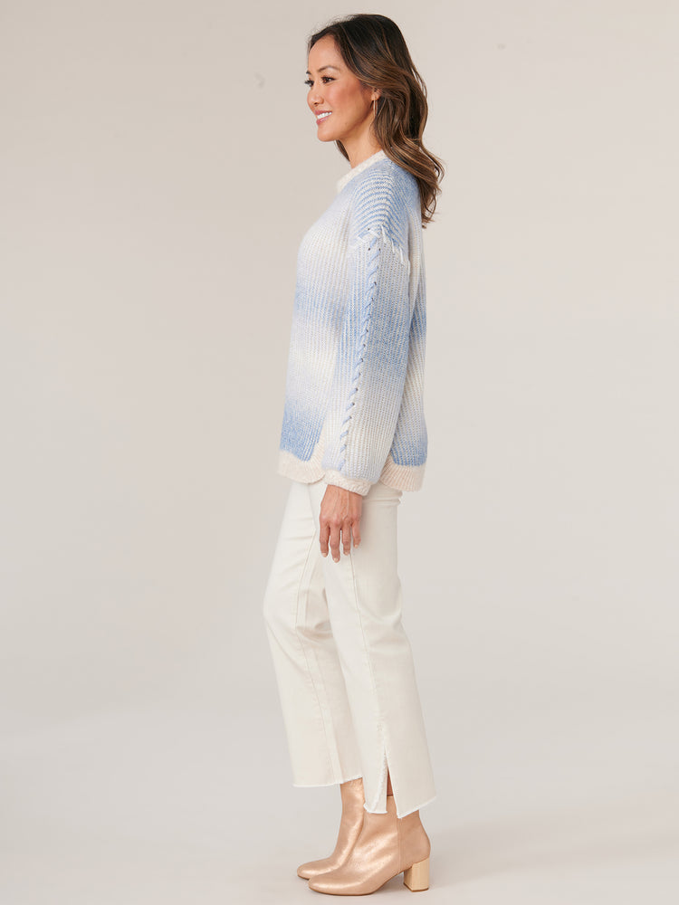
            
                Load image into Gallery viewer, Heather Oatmeal Cerulean Blue Long Drop Shoulder Blouson Sleeve Mock Neck Ombre Stripe Whipstitch Detail Sweater
            
        