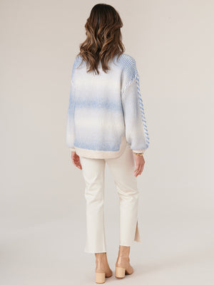 
            
                Load image into Gallery viewer, Heather Oatmeal Cerulean Blue Long Drop Shoulder Blouson Sleeve Mock Neck Ombre Stripe Whipstitch Detail Sweater
            
        