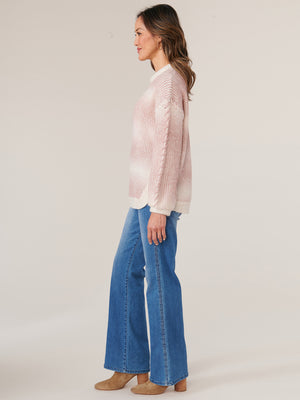 
            
                Load image into Gallery viewer, Heather Oatmeal Lipstick Mauve Long Drop Shoulder Blouson Sleeve Mock Neck Ombre Stripe Whipstitch Detail Sweater
            
        