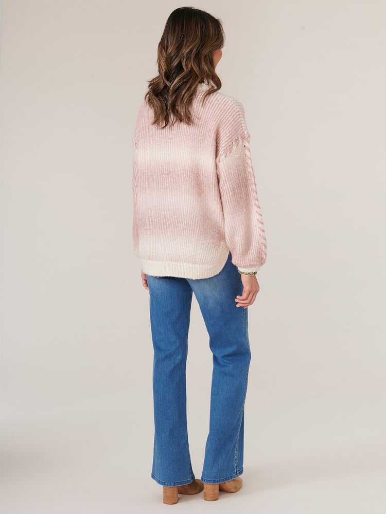 
            
                Load image into Gallery viewer, Heather Oatmeal Lipstick Mauve Long Drop Shoulder Blouson Sleeve Mock Neck Ombre Stripe Whipstitch Detail Sweater
            
        