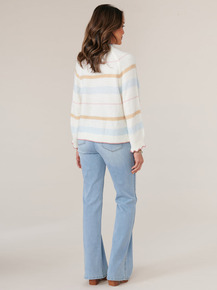 
            
                Load image into Gallery viewer, Off White Airy Blue Multi Three Quarter Scalloped Edge Raglan Sleeve High Round Neck Multi Color Stripes Tipping Detail Sweater
            
        