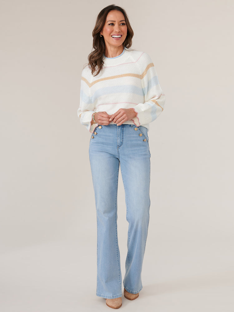 
            
                Load image into Gallery viewer, Off White Airy Blue Multi Three Quarter Scalloped Edge Raglan Sleeve High Round Neck Multi Color Stripes Tipping Detail Sweater
            
        