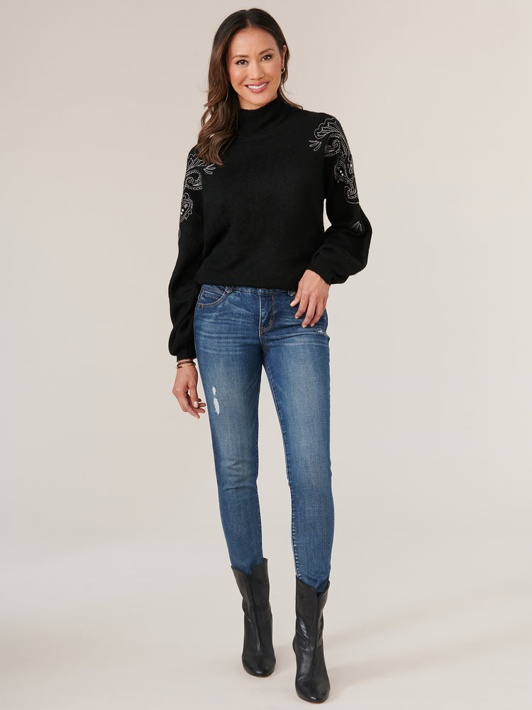 
            
                Load image into Gallery viewer, Black Long Blouson Sleeve Rhinestone Embroidery Mock Neck Sweater
            
        