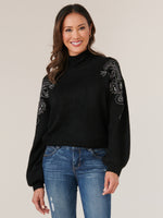 Black Long Blouson Sleeve Rhinestone Embroidery Mock Neck Petite Sweater