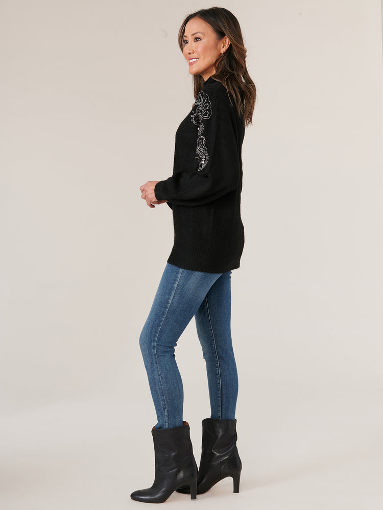 
            
                Load image into Gallery viewer, Black Long Blouson Sleeve Rhinestone Embroidery Mock Neck Sweater
            
        