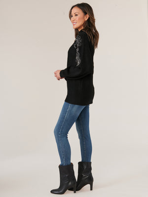 Black Long Blouson Sleeve Rhinestone Embroidery Mock Neck Petite Sweater