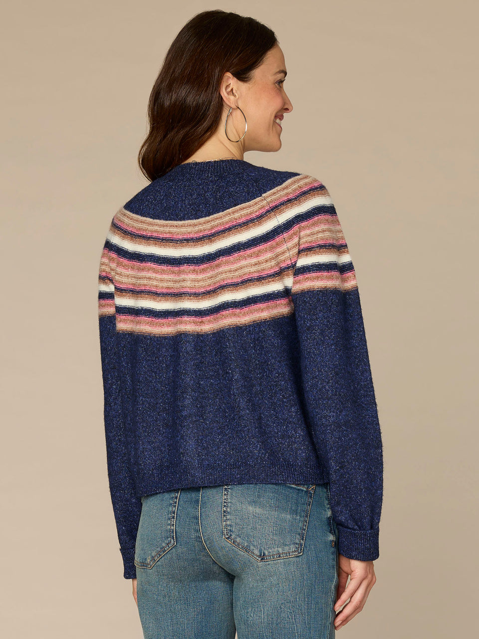 Pdsw Long Sleeve Round Neck Snap Front Stripe Jacquard Sweater Cardigan ...
