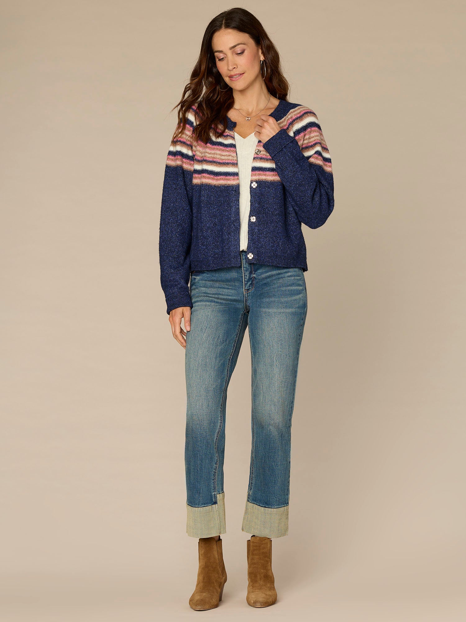 Pdsw Long Sleeve Round Neck Snap Front Stripe Jacquard Sweater Cardigan ...