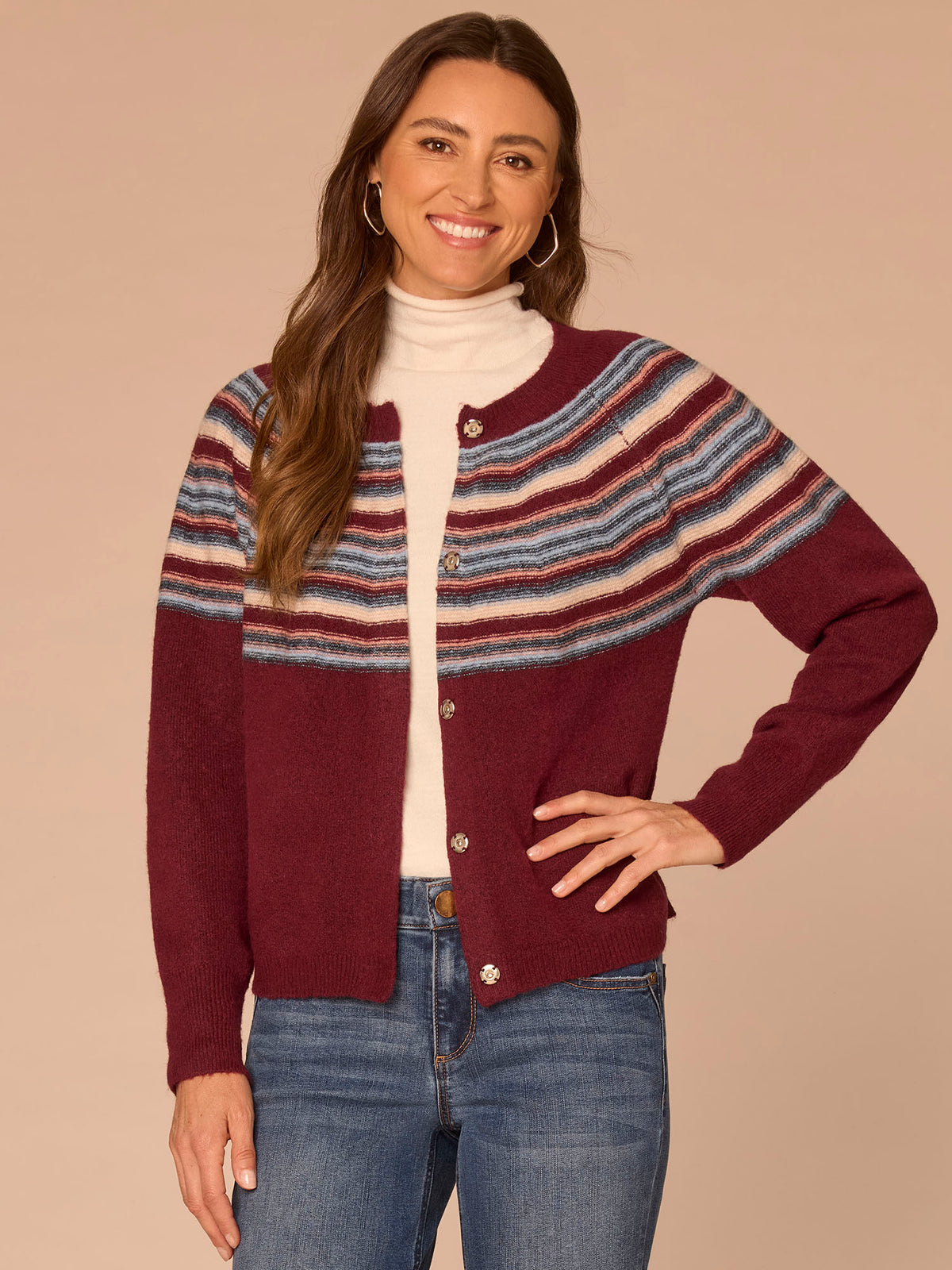 Long Sleeve Round Neck Snap Front Stripe Jacquard Sweater Cardigan