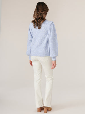
            
                Load image into Gallery viewer, Sky Blue Vintage Long Blouson Sleeve Flange Shoulder Mock Neck Petite Sweater
            
        