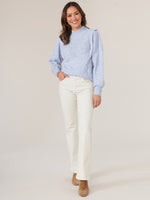 Sky Blue Vintage Long Blouson Sleeve Flange Shoulder Mock Neck Petite Sweater