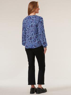 Cerulean Blue Multi Petite Puff Sleeve Round Neck Shirtail Hem Printed Sweater