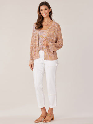 
            
                Load image into Gallery viewer, Autumn Sunset Smokey Lavender Multi Three Quarter Flounce Sleeve Button Down Pointelle Space Dye Scoop Neck Cardigan
            
        