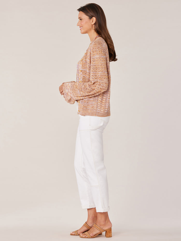 
            
                Load image into Gallery viewer, Autumn Sunset Smokey Lavender Multi Three Quarter Flounce Sleeve Button Down Pointelle Space Dye Scoop Neck Cardigan
            
        