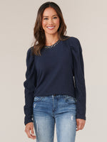 Heather Carbon Blue Long Puff Sleeve Rhinestone Detail Scoop Neck Knit Top