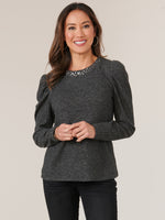 Heather Charcoal Long Puff Sleeve Rhinestone Detail Scoop Neck Knit Top