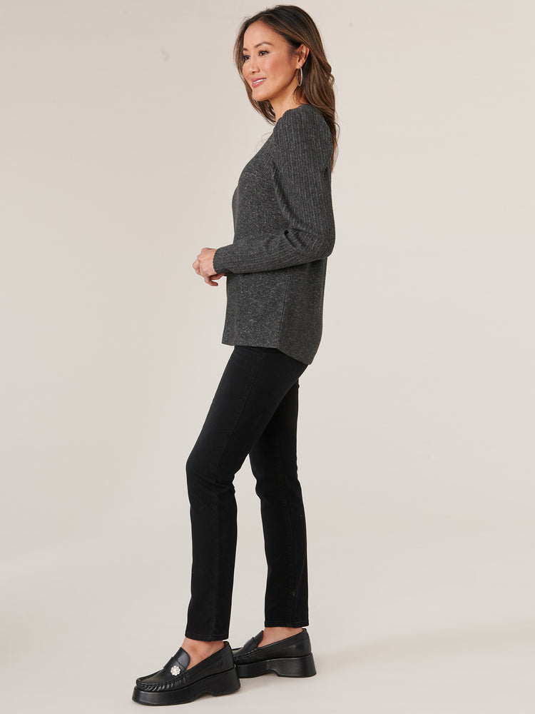 
            
                Load image into Gallery viewer, Heather Charcoal Long Puff Sleeve Rhinestone Detail Scoop Neck Knit Top
            
        