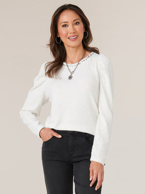 
            
                Load image into Gallery viewer, Heather Off White Long Puff Sleeve Rhinestone Detail Scoop Neck Knit Top
            
        