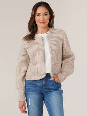 Heather Mocha Long Blouson Banded Sleeve Collarless Open Front Patch Pocket Sweater Cardigan