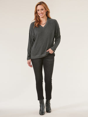 
            
                Load image into Gallery viewer, Heather Charcoal Long Dolman Sleeve V-Neck Mixed Media Hi Low Knit Top
            
        