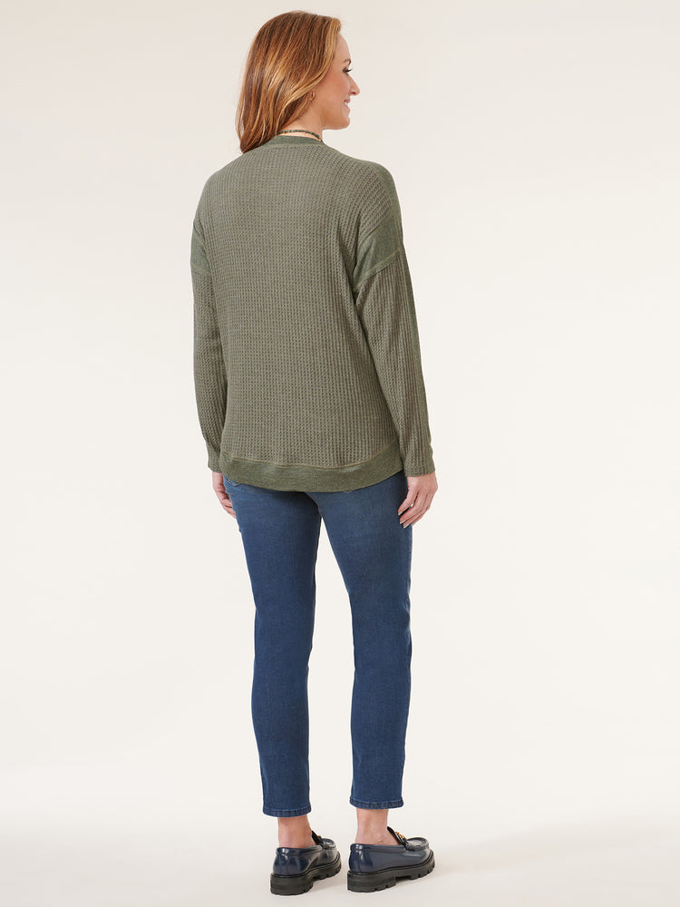 
            
                Load image into Gallery viewer, Heather Olive Long Dolman Sleeve V-Neck Mixed Media Hi Low Knit Top
            
        