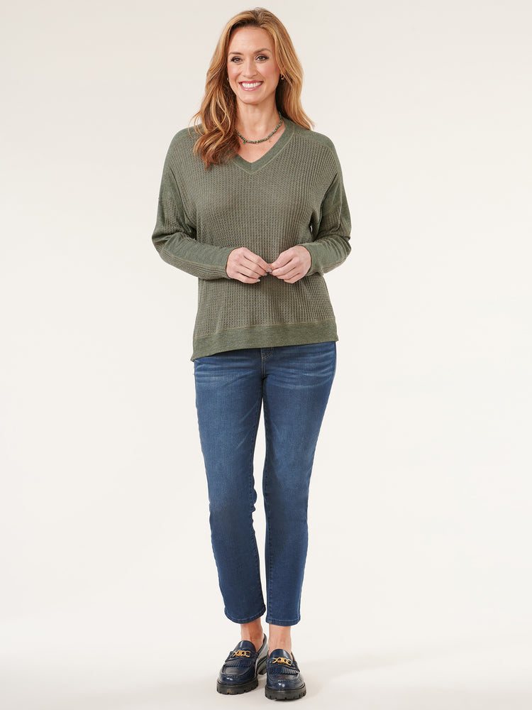
            
                Load image into Gallery viewer, Heather Olive Long Dolman Sleeve V-Neck Mixed Media Hi Low Knit Top
            
        