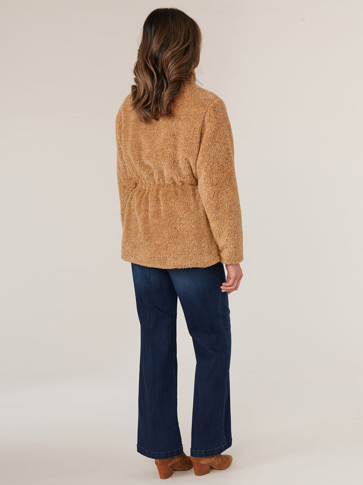 Caramel Latte Long Sleeve Stand Collar Zip Front Drawstring Waist Fur Jacket