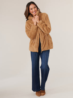 Caramel Latte Long Sleeve Stand Collar Zip Front Drawstring Waist Fur Jacket