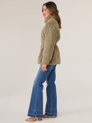 Laurel Oak Long Sleeve Stand Collar Zip Front Drawstring Waist Fur Jacket