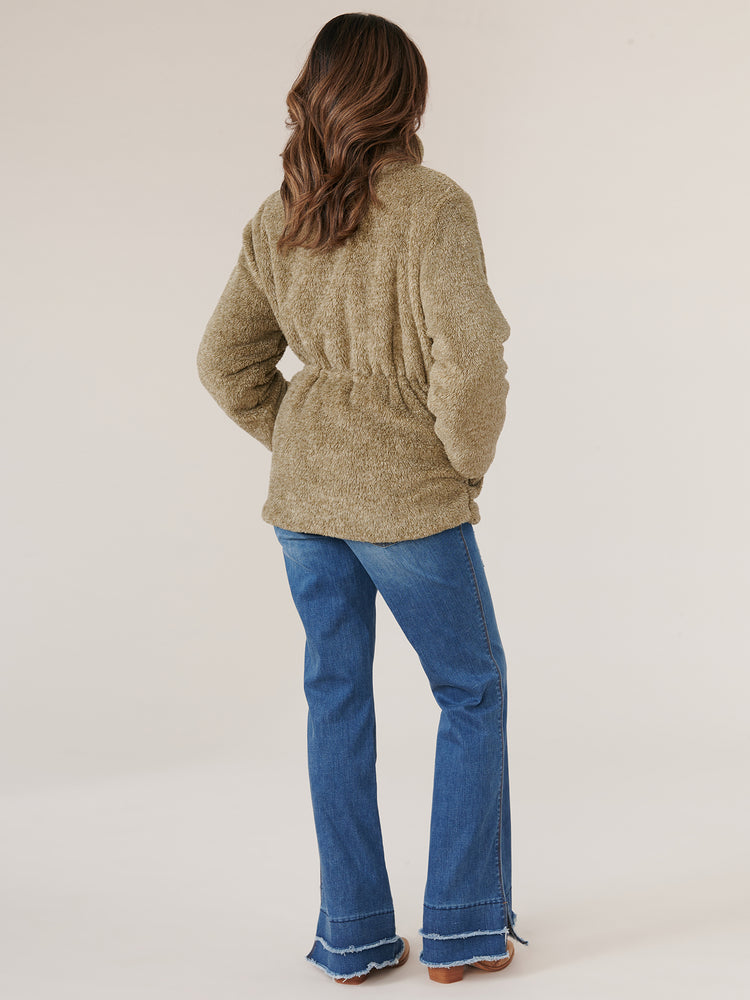 Laurel Oak Long Sleeve Stand Collar Zip Front Drawstring Waist Fur Jacket