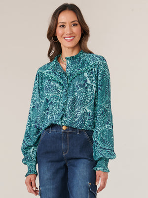 
            
                Load image into Gallery viewer, Teal Lagoon Navy Long Smock Cuff Flounce Sleeve Button Down Crochet Trim High Ruffle Neck Printed Woven Top
            
        