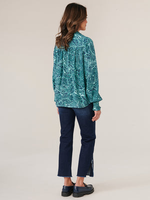
            
                Load image into Gallery viewer, Teal Lagoon Navy Long Smock Cuff Flounce Sleeve Button Down Crochet Trim High Ruffle Neck Printed Woven Top
            
        