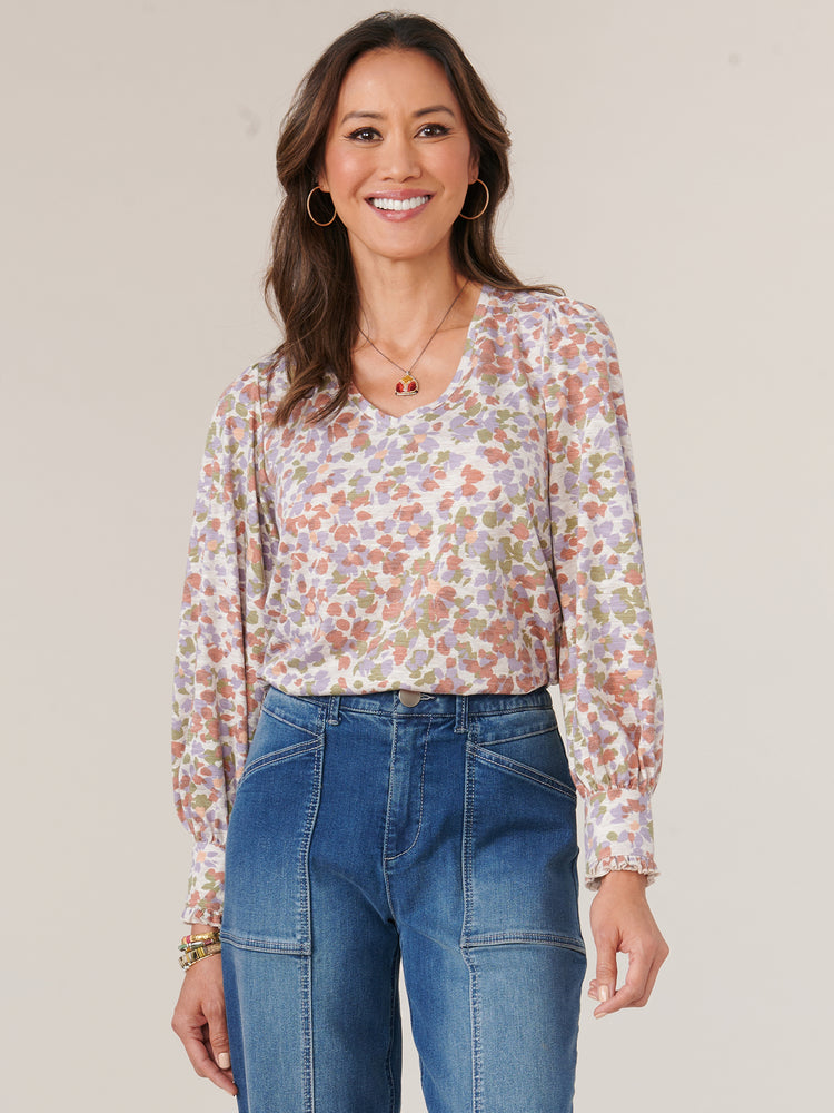 Wisteria Multi Long Cuffed Sleeve Wide V-Neck Printed Petite Knit Top