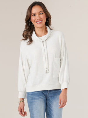 Heather Ecru Long Ribbed Dolman Sleeve Funnel Tie Neck Double Pocket Banded Mixed Media Knit Top