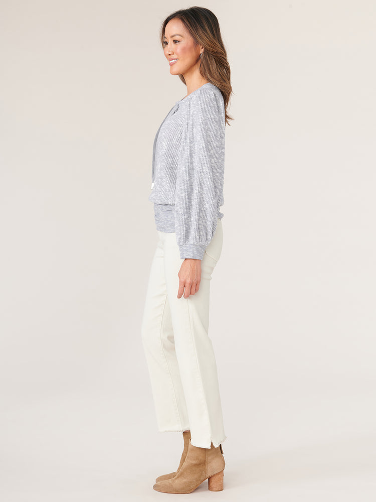 
            
                Load image into Gallery viewer, Heather Slate Long Puff Shoulder Blouson Sleeve Ruched Side Lace Up Scoop Neck Banded Hem Mixed Media Knit Top
            
        