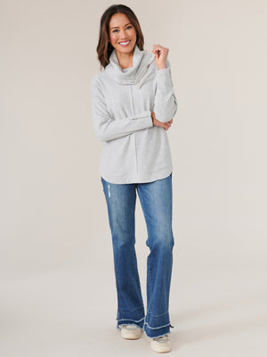 Heather Grey Long Drop Shoulder Sleeve Cowl Neck With Ties Knit Tunic