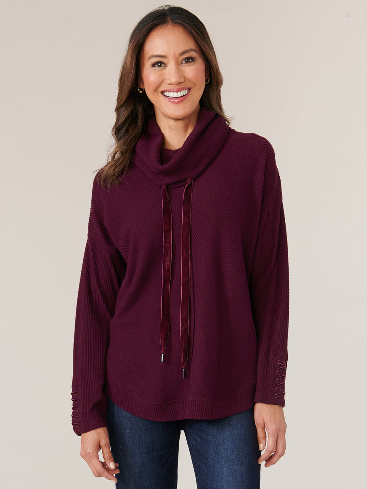Potent Purple Long Drop Shoulder Sleeve Cowl Neck With Ties Knit Tunic