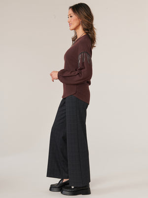 
            
                Load image into Gallery viewer, Heather Royal Plum Long Blouson Drop Shoulder Sleeve With Fringe Sccop Neck Knit Top
            
        