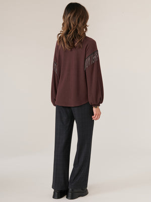 
            
                Load image into Gallery viewer, Heather Royal Plum Long Blouson Drop Shoulder Sleeve With Fringe Sccop Neck Knit Top
            
        