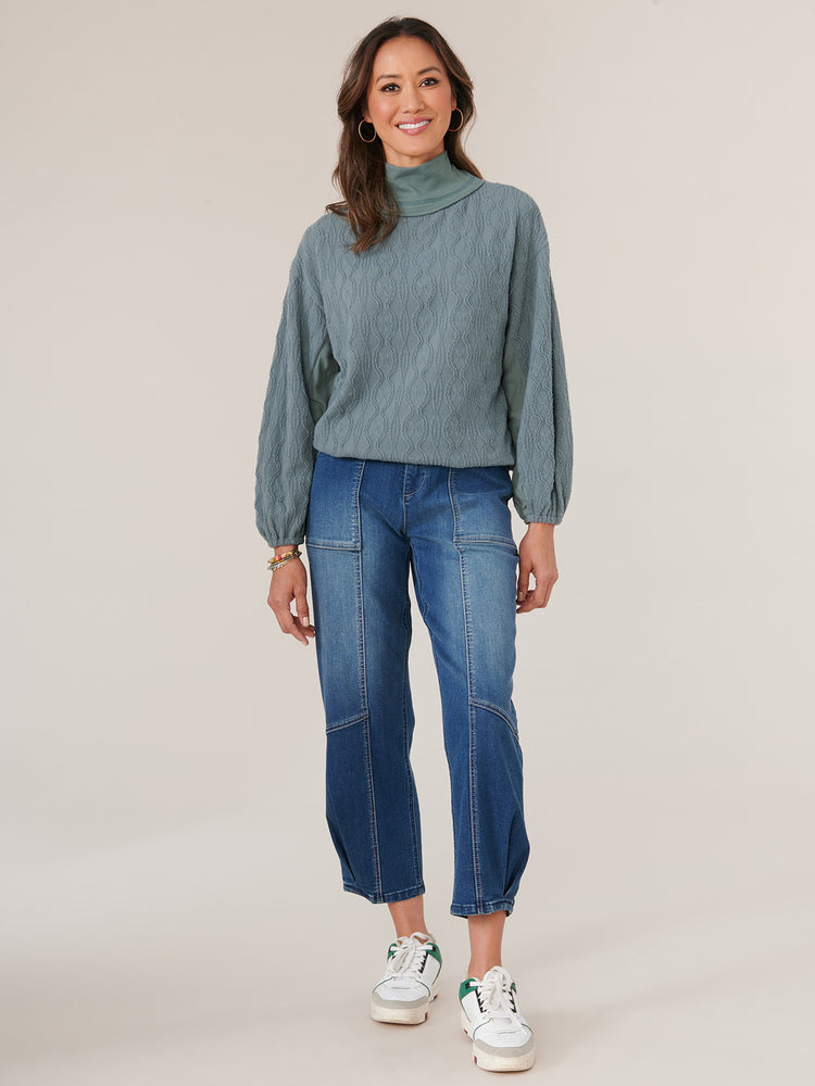 
            
                Load image into Gallery viewer, Dusty Slate Teal Long Banded Sleeve Mock Neck Mixed Media Cased Hem Knit Top
            
        