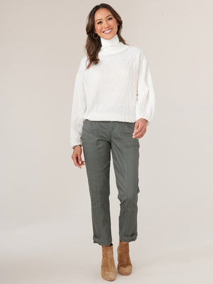 
            
                Load image into Gallery viewer, Cream Long Banded Sleeve Mock Neck Mixed Media Cased Hem Knit Top
            
        