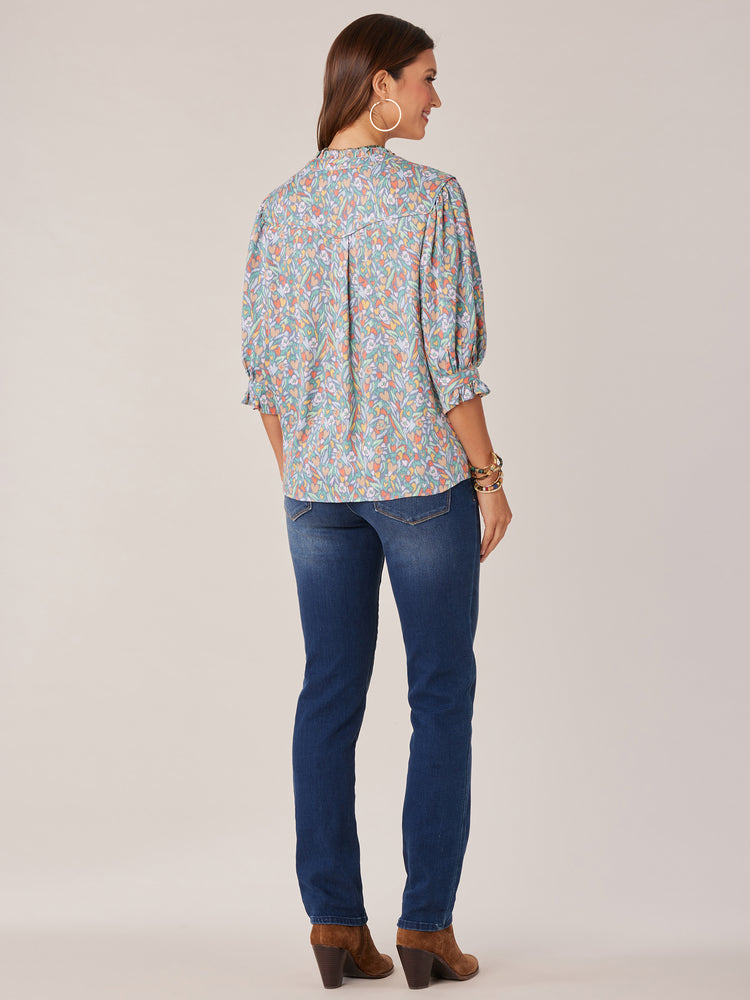 
            
                Load image into Gallery viewer, Marble Airy Blue Multi Cinched Lantern Sleeve Ruffle Edge V-Neck Printed Woven Top
            
        