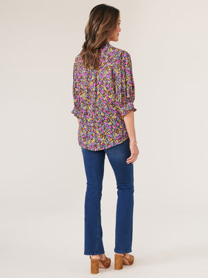 
            
                Load image into Gallery viewer, Navy Fuschia Multi Cinched Lantern Sleeve Ruffle Edge V-Neck Printed Woven Top
            
        