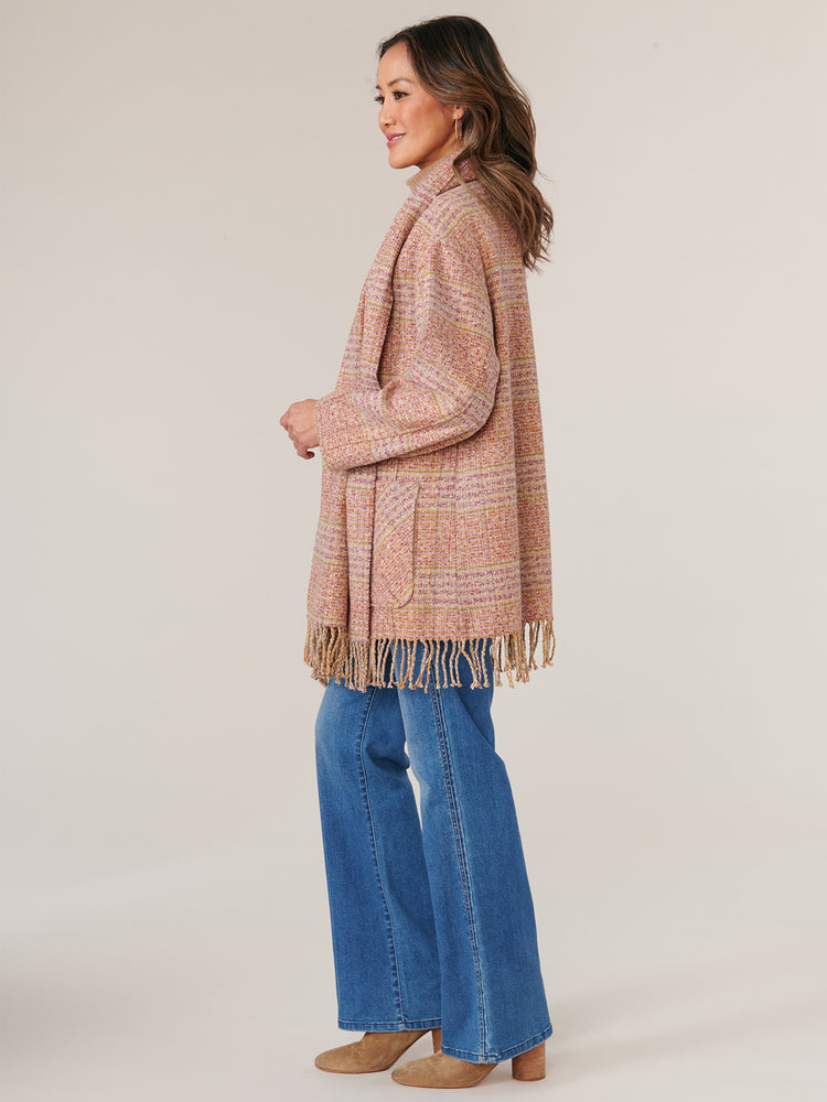 
            
                Load image into Gallery viewer, Raspberry Multi Long Sleeve Tubular Fringe Attached Scarf Dual Entry Pocket Plaid Coat
            
        