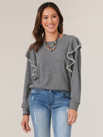 Heather Charcoal Long Banded Sleeve Embroidered Ruffle Scoop Neck Knit Top