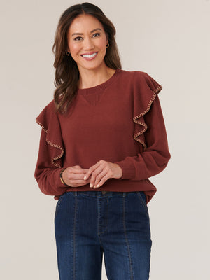 Heather Cayenne Pepper Long Banded Sleeve Embroidered Ruffle Scoop Neck Knit Top