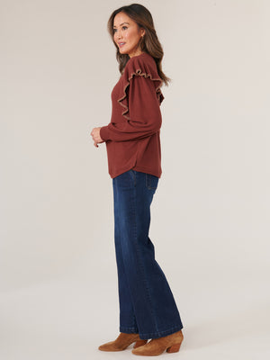 Heather Cayenne Pepper Long Banded Sleeve Embroidered Ruffle Scoop Neck Knit Top