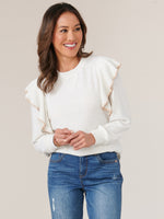 Heather Off White Long Banded Sleeve Embroidered Ruffle Scoop Neck Petite Knit Top
