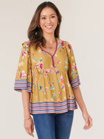 Elbow Sleeve V-Neck with Binding Border Floral Print Peplum Woven Top